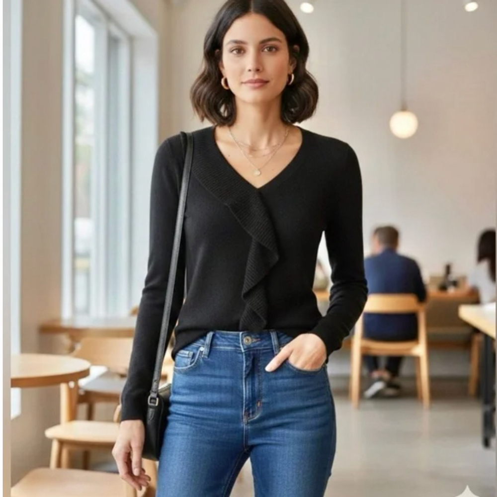 NEW Saks Fifth Avenue 100% Cashmere Black Ruffle Front V Neck Sweater Size XS